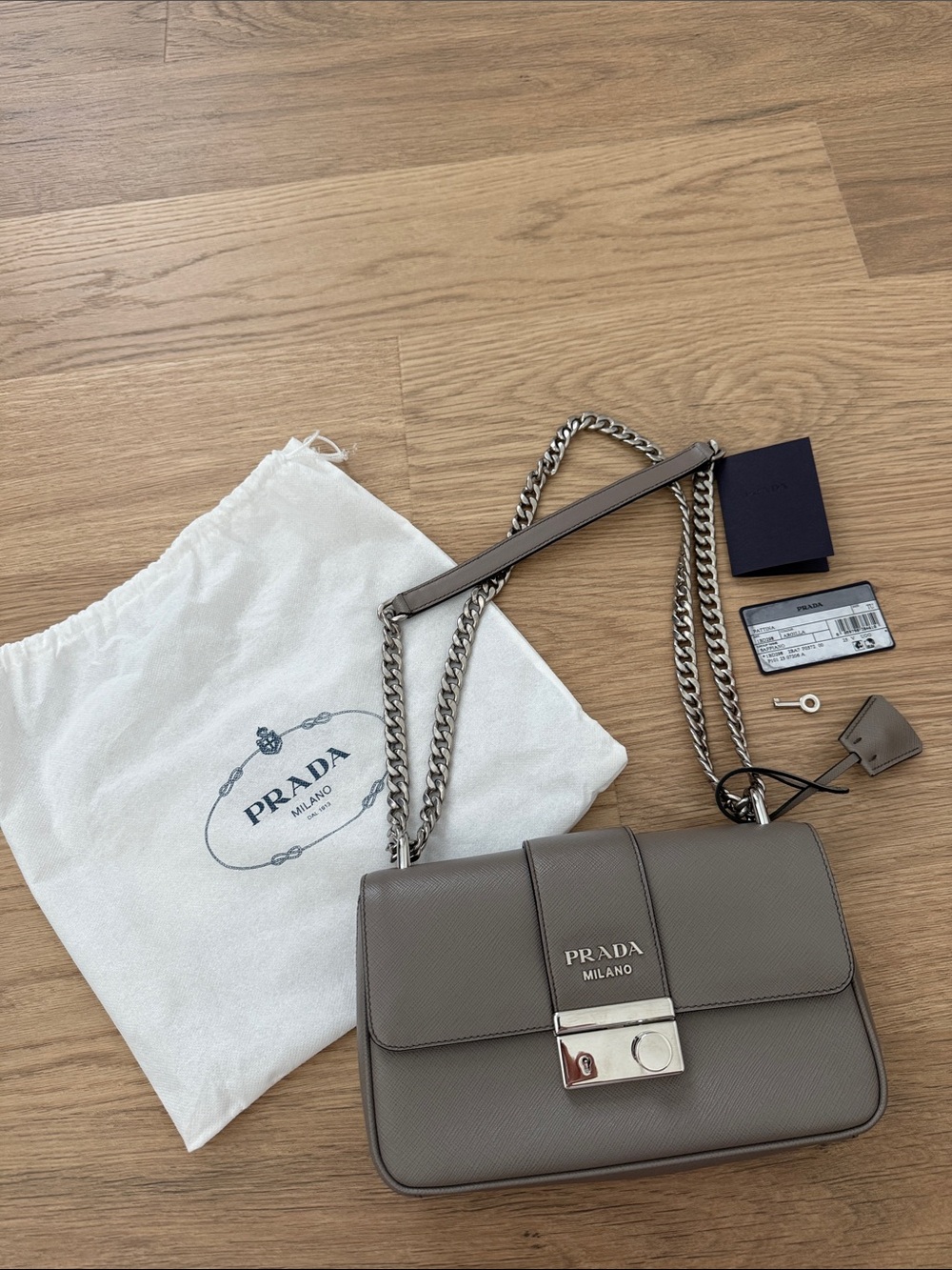 Prada Saffiano Leather Chain Shoulder Bag in Taupe Gray - Picture 1 of 8
